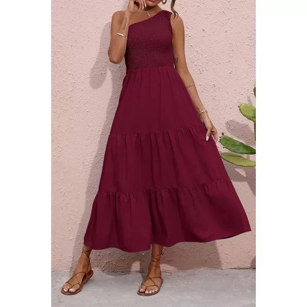 imageBTFBM Women One Shoulder Sleeveless Casual Summer Dresses 2023 Smocked High Waist Floral Flowy Beach Boho Maxi DressSolid Wine Red