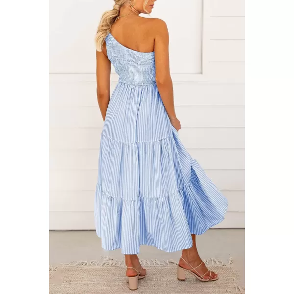 imageBTFBM Women One Shoulder Sleeveless Casual Summer Dresses 2023 Smocked High Waist Floral Flowy Beach Boho Maxi DressStriped Blue