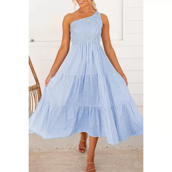 imageBTFBM Women One Shoulder Sleeveless Casual Summer Dresses 2023 Smocked High Waist Floral Flowy Beach Boho Maxi DressStriped Blue