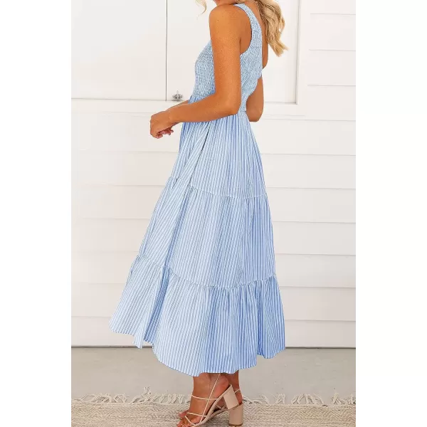 imageBTFBM Women One Shoulder Sleeveless Casual Summer Dresses 2023 Smocked High Waist Floral Flowy Beach Boho Maxi DressStriped Blue