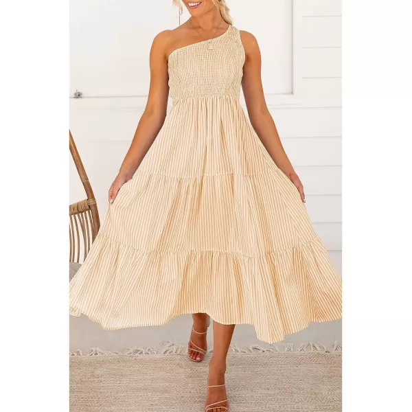 imageBTFBM Women One Shoulder Sleeveless Casual Summer Dresses 2023 Smocked High Waist Floral Flowy Beach Boho Maxi DressStriped Orange Yellow