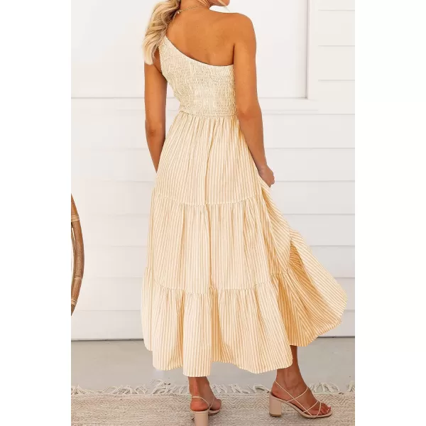 imageBTFBM Women One Shoulder Sleeveless Casual Summer Dresses 2023 Smocked High Waist Floral Flowy Beach Boho Maxi DressStriped Orange Yellow