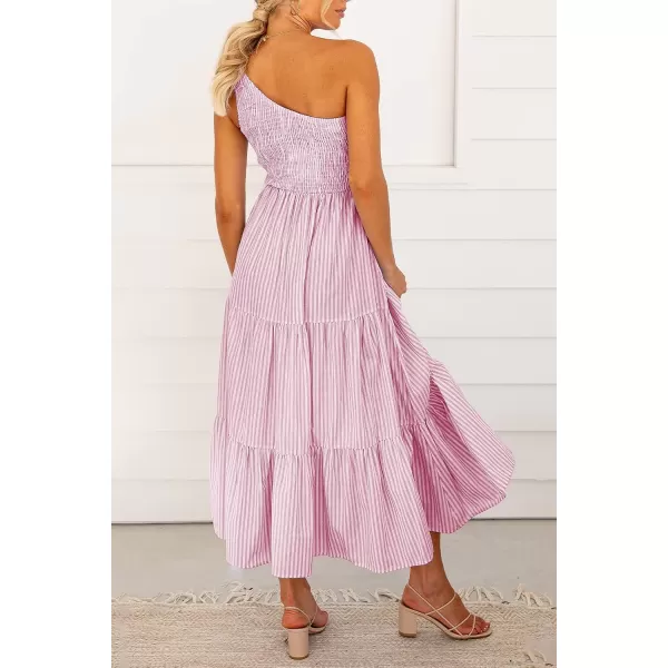 imageBTFBM Women One Shoulder Sleeveless Casual Summer Dresses 2023 Smocked High Waist Floral Flowy Beach Boho Maxi DressStriped Pink