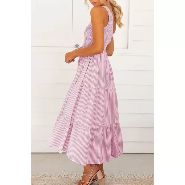 imageBTFBM Women One Shoulder Sleeveless Casual Summer Dresses 2023 Smocked High Waist Floral Flowy Beach Boho Maxi DressStriped Pink