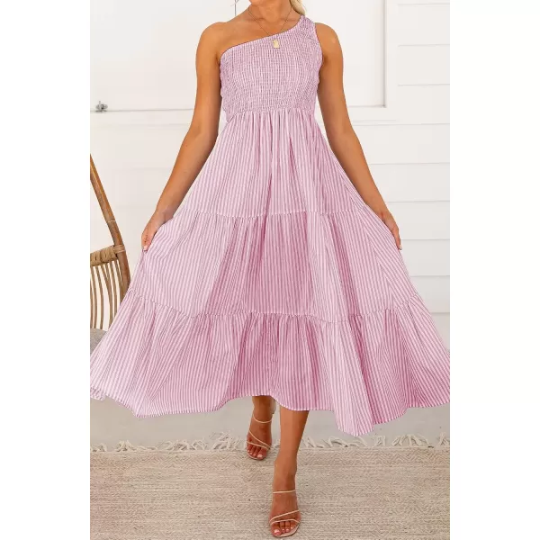 imageBTFBM Women One Shoulder Sleeveless Casual Summer Dresses 2023 Smocked High Waist Floral Flowy Beach Boho Maxi DressStriped Pink
