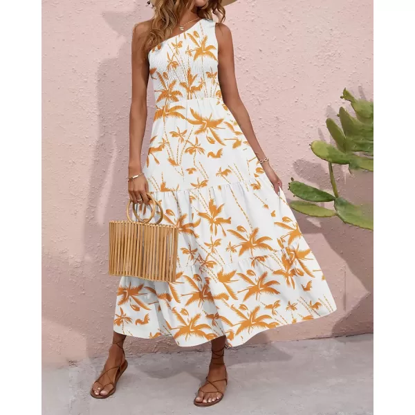 imageBTFBM Women One Shoulder Sleeveless Casual Summer Dresses 2023 Smocked High Waist Floral Flowy Beach Boho Maxi DressTree Yellow White