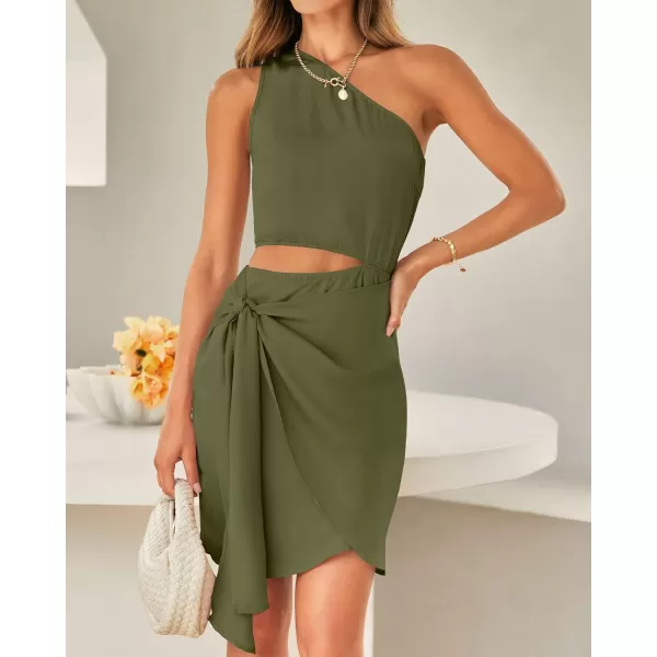 imageBTFBM Women One Shoulder Sleeveless Satin Mini Dresses Fashion Summer Bodycon Wrap Tie Waist Cocktail Party Club DressSolid Army Green