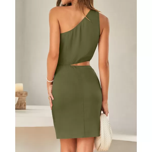 imageBTFBM Women One Shoulder Sleeveless Satin Mini Dresses Fashion Summer Bodycon Wrap Tie Waist Cocktail Party Club DressSolid Army Green