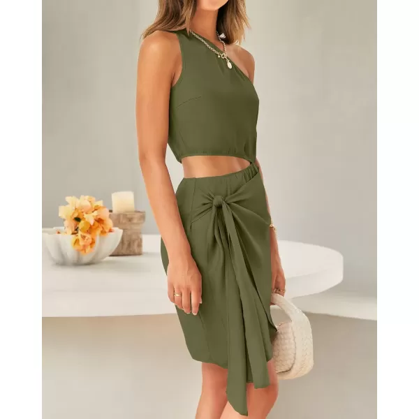 imageBTFBM Women One Shoulder Sleeveless Satin Mini Dresses Fashion Summer Bodycon Wrap Tie Waist Cocktail Party Club DressSolid Army Green