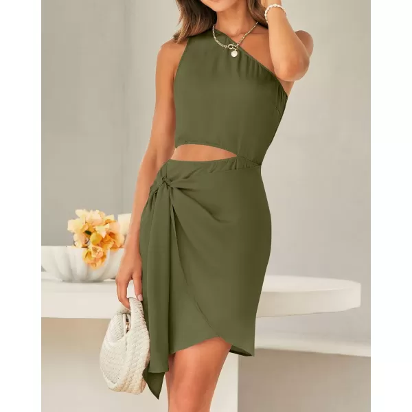 imageBTFBM Women One Shoulder Sleeveless Satin Mini Dresses Fashion Summer Bodycon Wrap Tie Waist Cocktail Party Club DressSolid Army Green