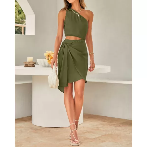 imageBTFBM Women One Shoulder Sleeveless Satin Mini Dresses Fashion Summer Bodycon Wrap Tie Waist Cocktail Party Club DressSolid Army Green