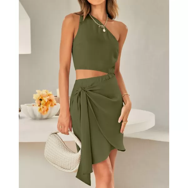 imageBTFBM Women One Shoulder Sleeveless Satin Mini Dresses Fashion Summer Bodycon Wrap Tie Waist Cocktail Party Club DressSolid Army Green