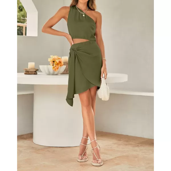 imageBTFBM Women One Shoulder Sleeveless Satin Mini Dresses Fashion Summer Bodycon Wrap Tie Waist Cocktail Party Club DressSolid Army Green