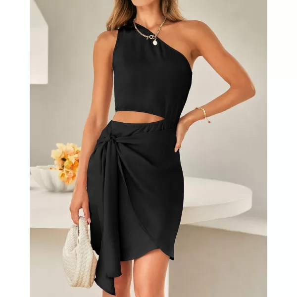 imageBTFBM Women One Shoulder Sleeveless Satin Mini Dresses Fashion Summer Bodycon Wrap Tie Waist Cocktail Party Club DressSolid Black