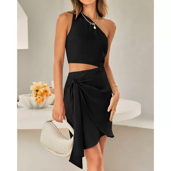 imageBTFBM Women One Shoulder Sleeveless Satin Mini Dresses Fashion Summer Bodycon Wrap Tie Waist Cocktail Party Club DressSolid Black