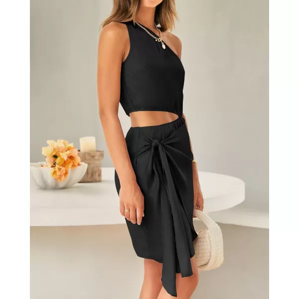 imageBTFBM Women One Shoulder Sleeveless Satin Mini Dresses Fashion Summer Bodycon Wrap Tie Waist Cocktail Party Club DressSolid Black