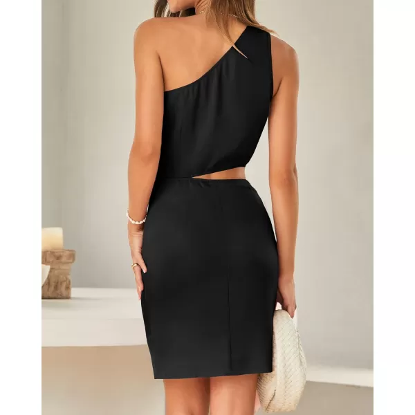 imageBTFBM Women One Shoulder Sleeveless Satin Mini Dresses Fashion Summer Bodycon Wrap Tie Waist Cocktail Party Club DressSolid Black