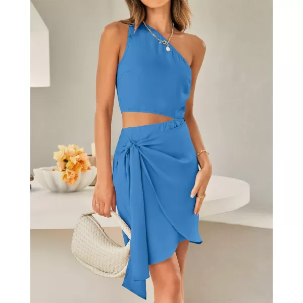 imageBTFBM Women One Shoulder Sleeveless Satin Mini Dresses Fashion Summer Bodycon Wrap Tie Waist Cocktail Party Club DressSolid Brilliant Blue