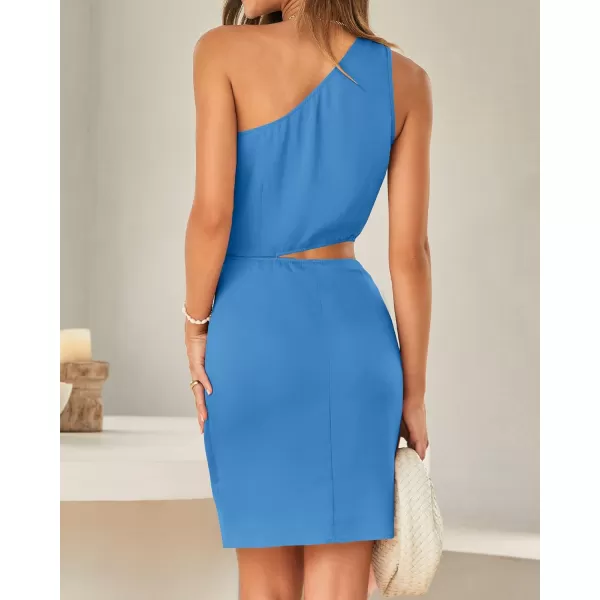 imageBTFBM Women One Shoulder Sleeveless Satin Mini Dresses Fashion Summer Bodycon Wrap Tie Waist Cocktail Party Club DressSolid Brilliant Blue