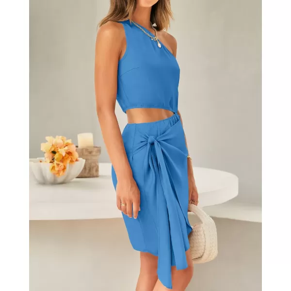 imageBTFBM Women One Shoulder Sleeveless Satin Mini Dresses Fashion Summer Bodycon Wrap Tie Waist Cocktail Party Club DressSolid Brilliant Blue