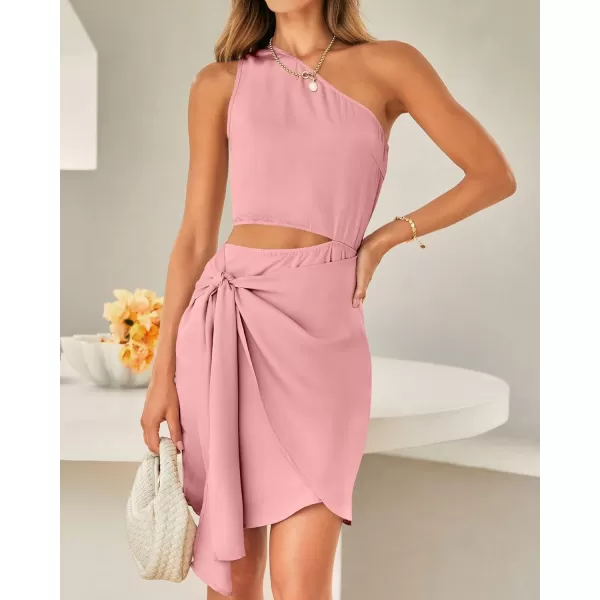 imageBTFBM Women One Shoulder Sleeveless Satin Mini Dresses Fashion Summer Bodycon Wrap Tie Waist Cocktail Party Club DressSolid Light Pink