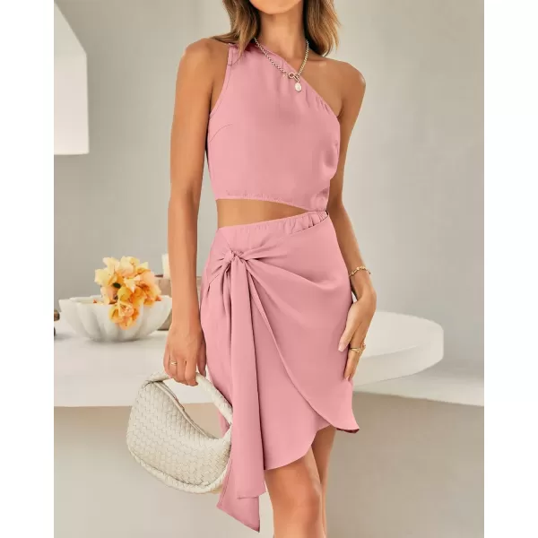imageBTFBM Women One Shoulder Sleeveless Satin Mini Dresses Fashion Summer Bodycon Wrap Tie Waist Cocktail Party Club DressSolid Light Pink