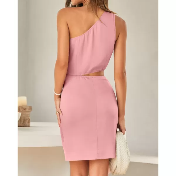 imageBTFBM Women One Shoulder Sleeveless Satin Mini Dresses Fashion Summer Bodycon Wrap Tie Waist Cocktail Party Club DressSolid Light Pink