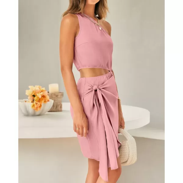 imageBTFBM Women One Shoulder Sleeveless Satin Mini Dresses Fashion Summer Bodycon Wrap Tie Waist Cocktail Party Club DressSolid Light Pink