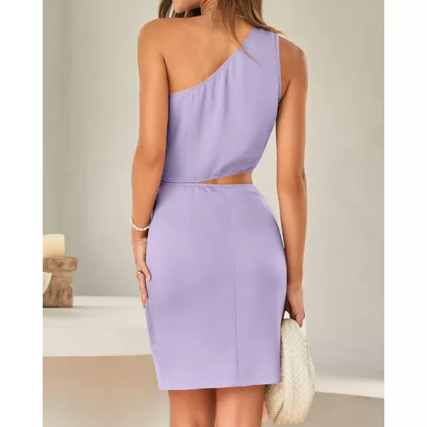 imageBTFBM Women One Shoulder Sleeveless Satin Mini Dresses Fashion Summer Bodycon Wrap Tie Waist Cocktail Party Club DressSolid Purple