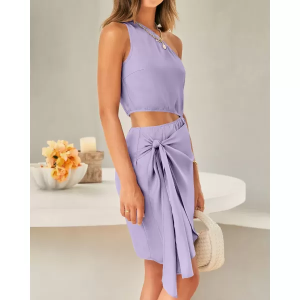imageBTFBM Women One Shoulder Sleeveless Satin Mini Dresses Fashion Summer Bodycon Wrap Tie Waist Cocktail Party Club DressSolid Purple