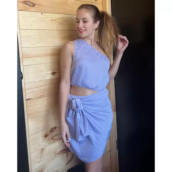 imageBTFBM Women One Shoulder Sleeveless Satin Mini Dresses Fashion Summer Bodycon Wrap Tie Waist Cocktail Party Club DressSolid Purple