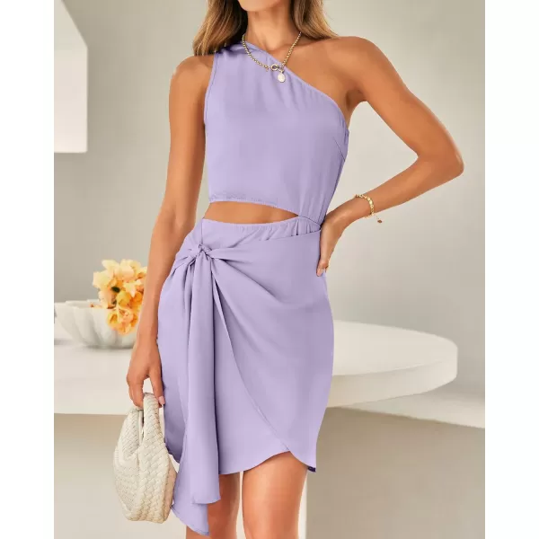 imageBTFBM Women One Shoulder Sleeveless Satin Mini Dresses Fashion Summer Bodycon Wrap Tie Waist Cocktail Party Club DressSolid Purple
