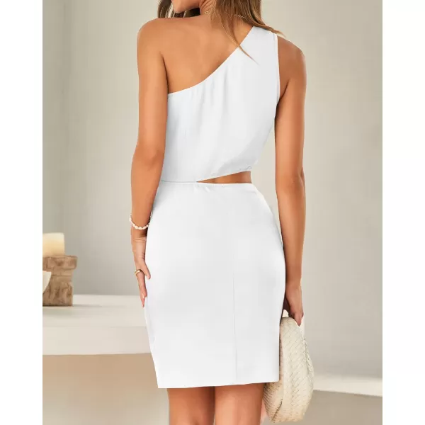 imageBTFBM Women One Shoulder Sleeveless Satin Mini Dresses Fashion Summer Bodycon Wrap Tie Waist Cocktail Party Club DressSolid White