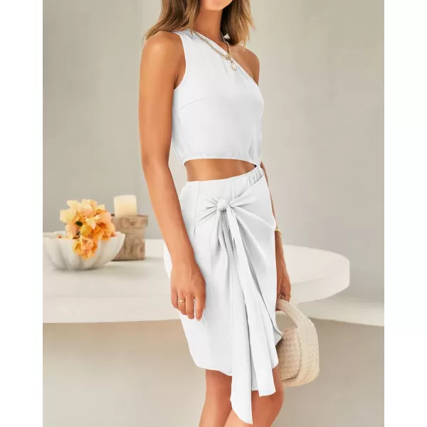 imageBTFBM Women One Shoulder Sleeveless Satin Mini Dresses Fashion Summer Bodycon Wrap Tie Waist Cocktail Party Club DressSolid White