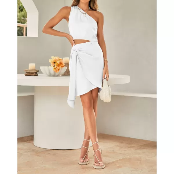 imageBTFBM Women One Shoulder Sleeveless Satin Mini Dresses Fashion Summer Bodycon Wrap Tie Waist Cocktail Party Club DressSolid White