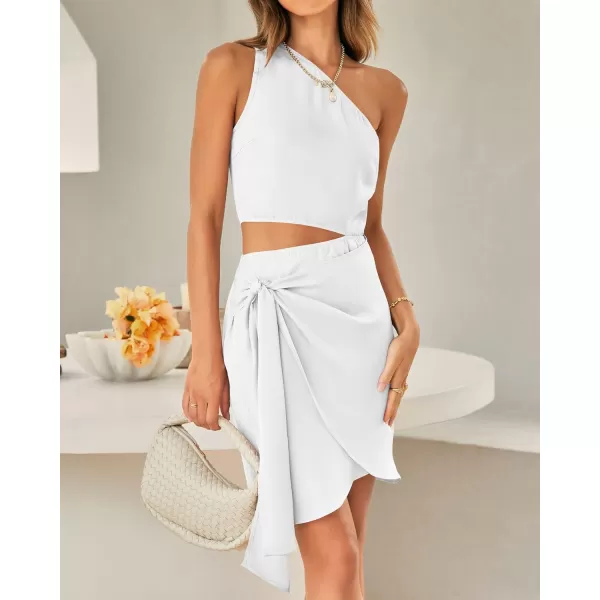 imageBTFBM Women One Shoulder Sleeveless Satin Mini Dresses Fashion Summer Bodycon Wrap Tie Waist Cocktail Party Club DressSolid White