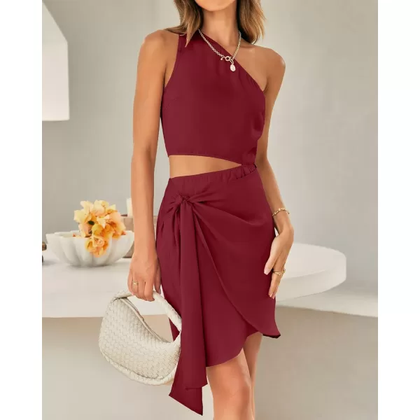 imageBTFBM Women One Shoulder Sleeveless Satin Mini Dresses Fashion Summer Bodycon Wrap Tie Waist Cocktail Party Club DressSolid Wine Red