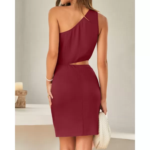 imageBTFBM Women One Shoulder Sleeveless Satin Mini Dresses Fashion Summer Bodycon Wrap Tie Waist Cocktail Party Club DressSolid Wine Red
