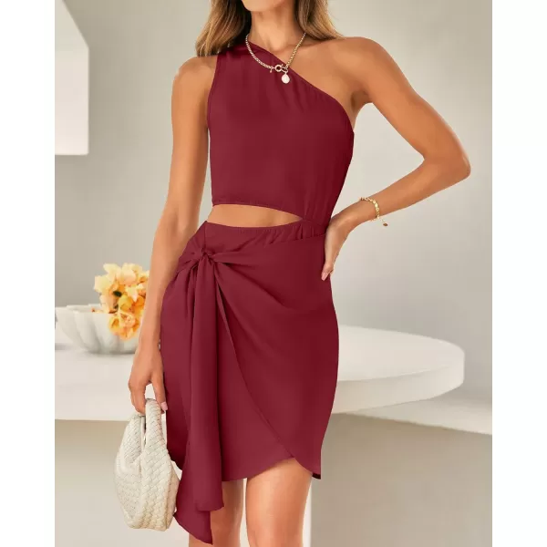 imageBTFBM Women One Shoulder Sleeveless Satin Mini Dresses Fashion Summer Bodycon Wrap Tie Waist Cocktail Party Club DressSolid Wine Red