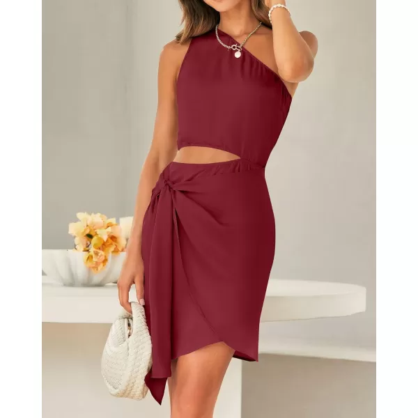 imageBTFBM Women One Shoulder Sleeveless Satin Mini Dresses Fashion Summer Bodycon Wrap Tie Waist Cocktail Party Club DressSolid Wine Red