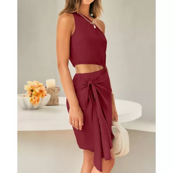 imageBTFBM Women One Shoulder Sleeveless Satin Mini Dresses Fashion Summer Bodycon Wrap Tie Waist Cocktail Party Club DressSolid Wine Red
