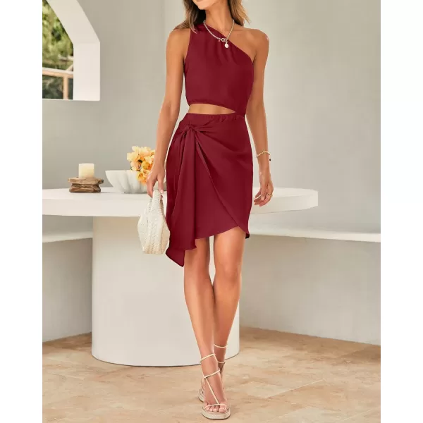 imageBTFBM Women One Shoulder Sleeveless Satin Mini Dresses Fashion Summer Bodycon Wrap Tie Waist Cocktail Party Club DressSolid Wine Red