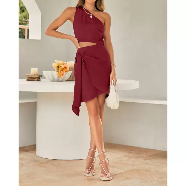 imageBTFBM Women One Shoulder Sleeveless Satin Mini Dresses Fashion Summer Bodycon Wrap Tie Waist Cocktail Party Club DressSolid Wine Red