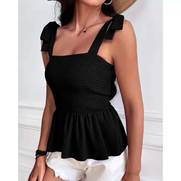 imageBTFBM Women Ruffle Smocked Tank Top Square Neck Sleeveless Camisole Tie Shoulder Beach Casual Summer Blouse Shirts 2023Solid Black
