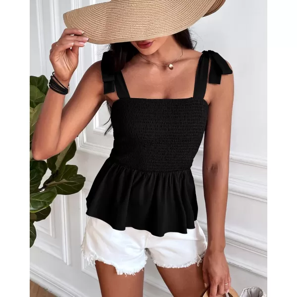imageBTFBM Women Ruffle Smocked Tank Top Square Neck Sleeveless Camisole Tie Shoulder Beach Casual Summer Blouse Shirts 2023Solid Black