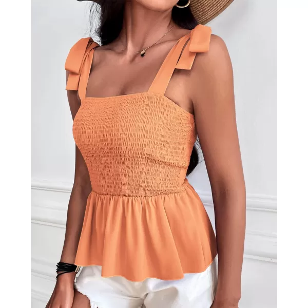imageBTFBM Women Ruffle Smocked Tank Top Square Neck Sleeveless Camisole Tie Shoulder Beach Casual Summer Blouse Shirts 2023Solid Orange
