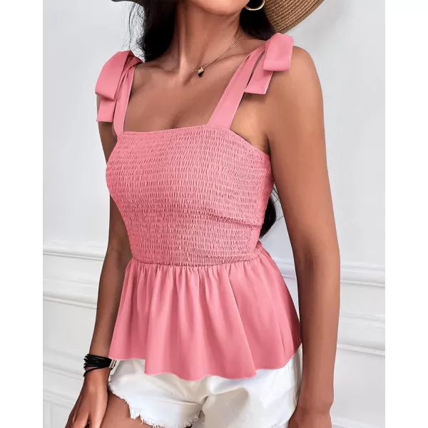 imageBTFBM Women Ruffle Smocked Tank Top Square Neck Sleeveless Camisole Tie Shoulder Beach Casual Summer Blouse Shirts 2023Solid Pink