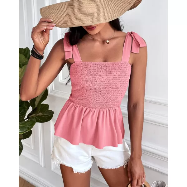 imageBTFBM Women Ruffle Smocked Tank Top Square Neck Sleeveless Camisole Tie Shoulder Beach Casual Summer Blouse Shirts 2023Solid Pink