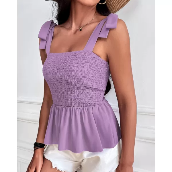 imageBTFBM Women Ruffle Smocked Tank Top Square Neck Sleeveless Camisole Tie Shoulder Beach Casual Summer Blouse Shirts 2023Solid Purple