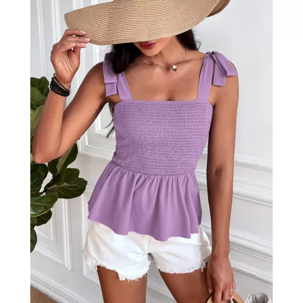 imageBTFBM Women Ruffle Smocked Tank Top Square Neck Sleeveless Camisole Tie Shoulder Beach Casual Summer Blouse Shirts 2023Solid Purple